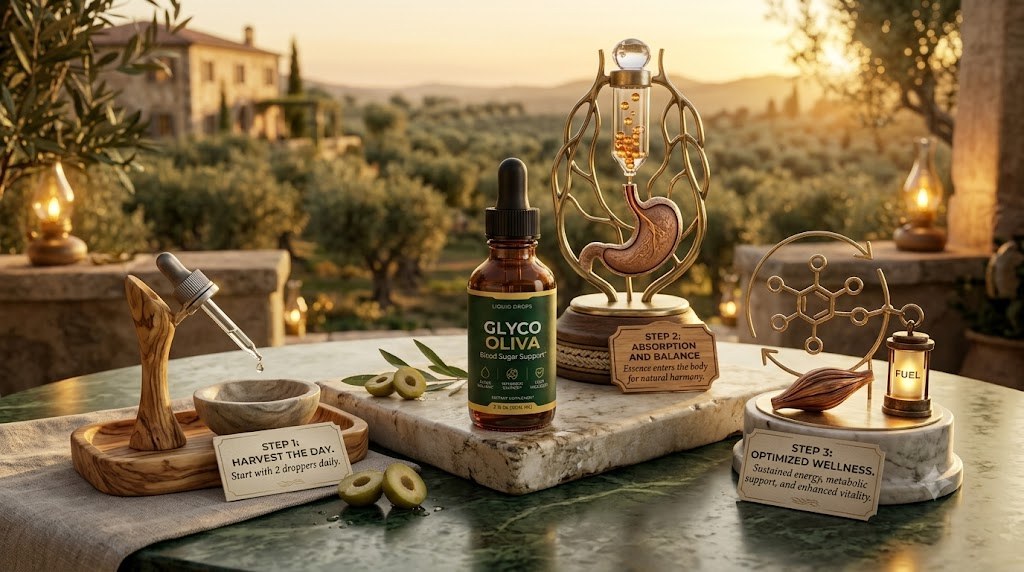 GlycoOliva dropper bottle in an olive grove with the three-step routine from the brand graphic